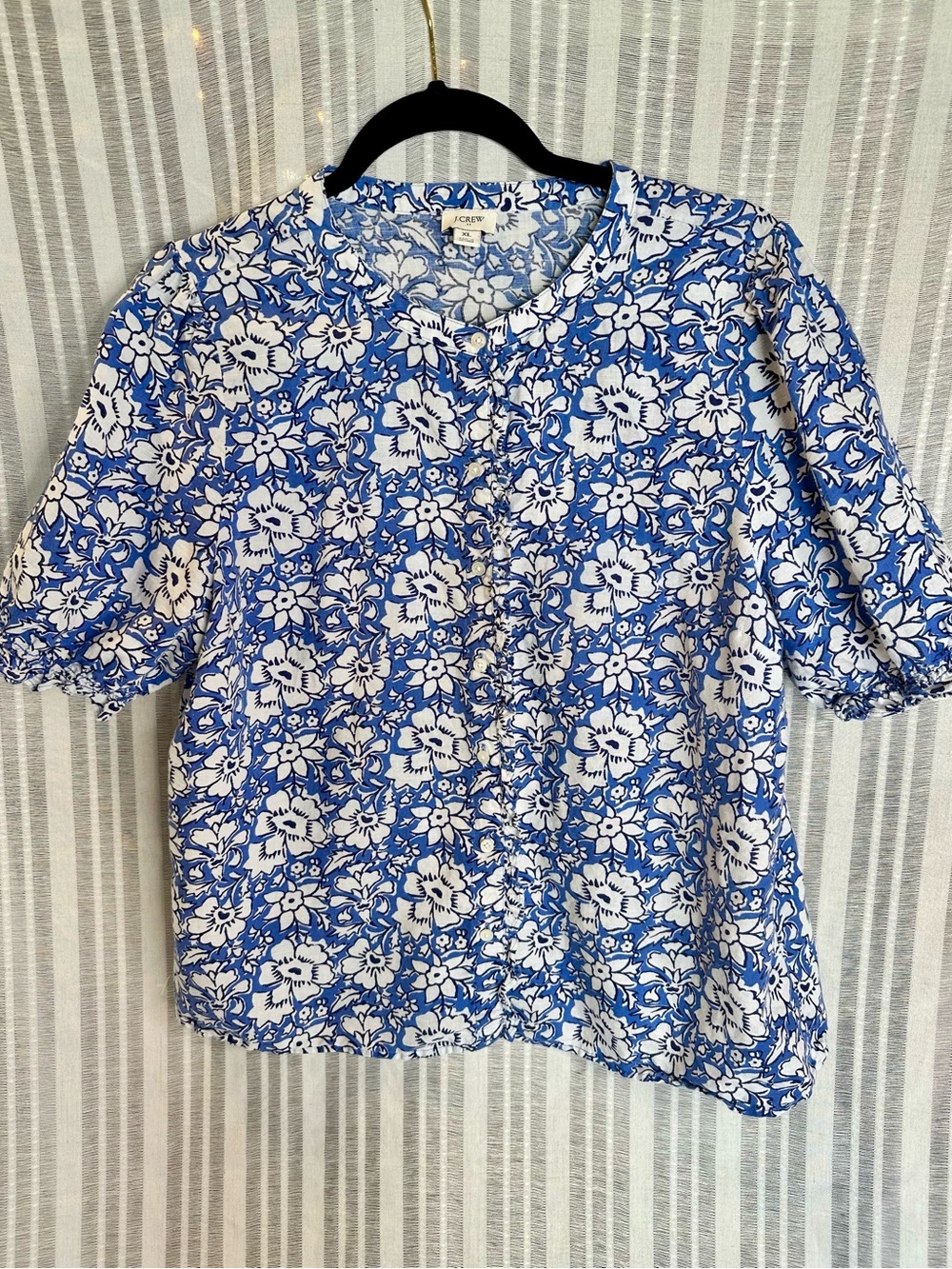 J.Crew Blue Floral Linen Blend Ruffle Blouse XL
